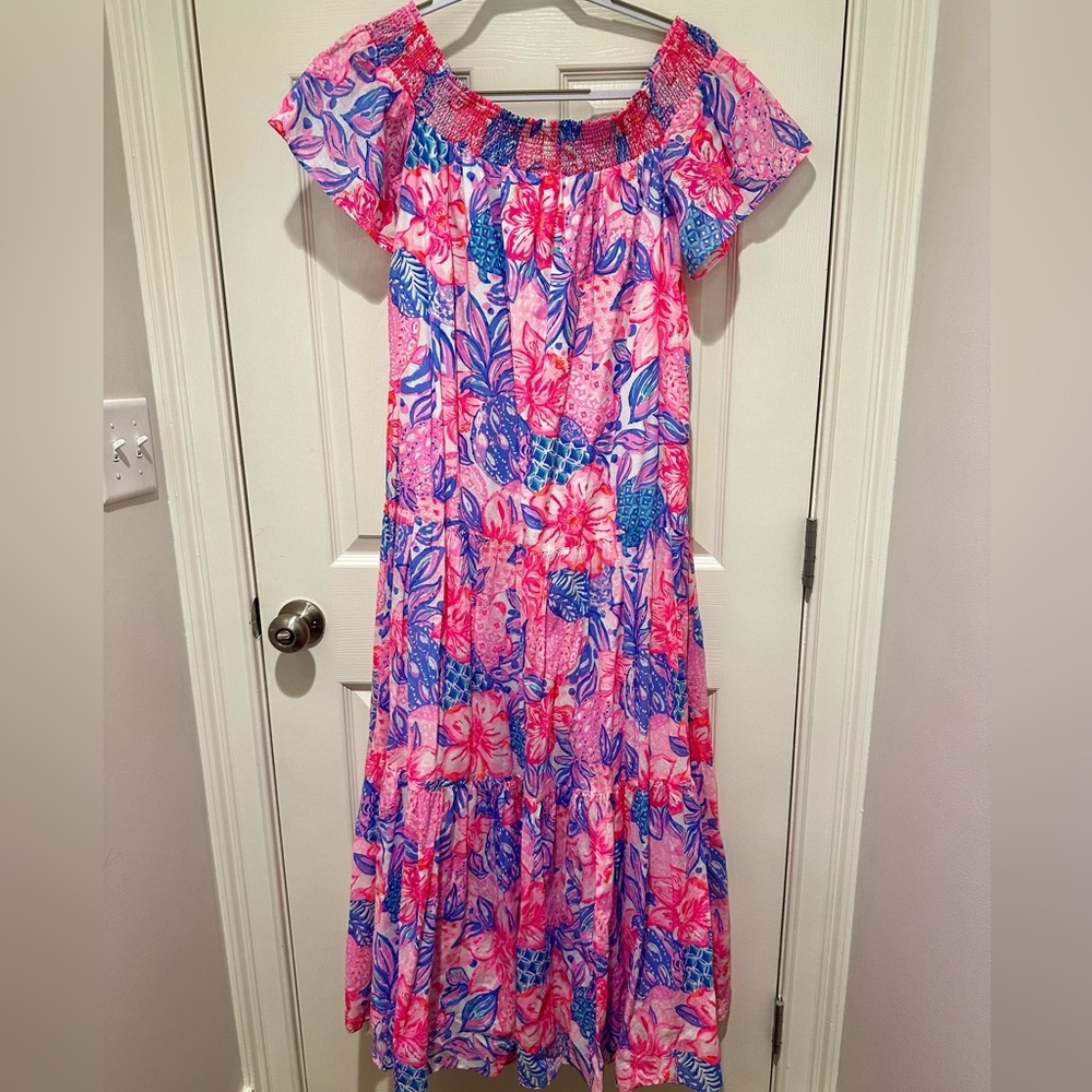 Lilly Pulitzer Dezi Off Shoulder Maxi Dress Pink Snappy Turtle - Picture 6 of 7